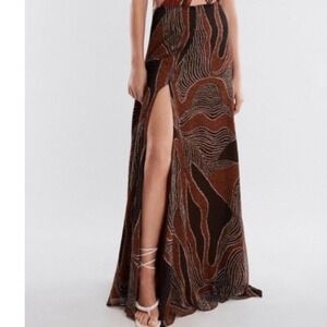 BCBG Maxazria Brown Abstract Dot Print Maxi Skirt Women 2 Boho Flowy Long